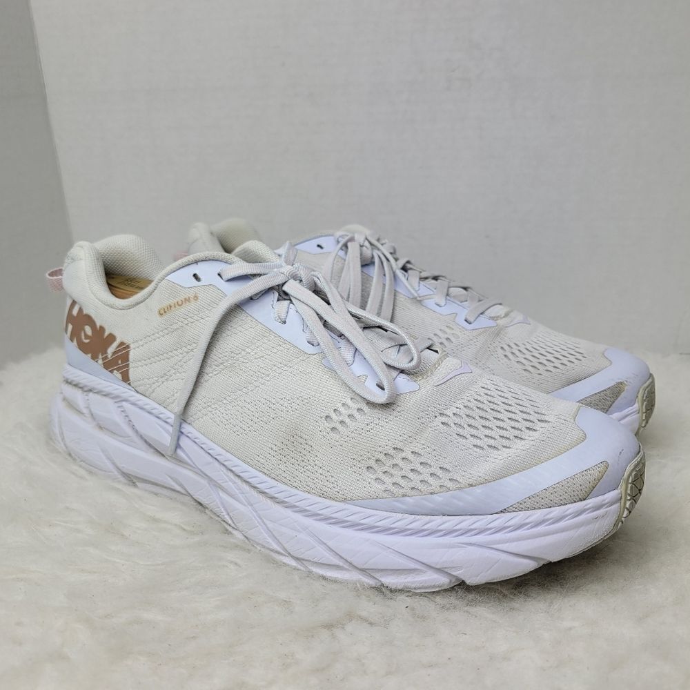 Hoka One One Clifton 6 White & Gold Rose Running Sneakers Shoes Size 11
